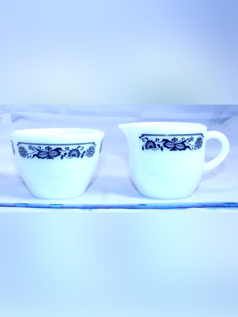 Vintage PYREX White Creamer and Sugar Set Old Town Blue